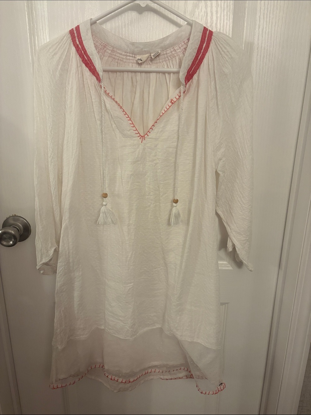 Roxy White Mini Dress with Pink Trim and Tassels
